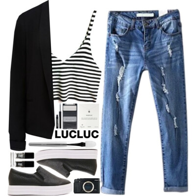 Top, jeans and shoes from www.lucluc.com : top : http://www.lucluc.com/lucluc-white-and-black-striped-strappy-crop-top.html Jeans : http://www.lucluc.com/bottoms/jeans/lucluc-darkwash-blue-ripped-cut-…