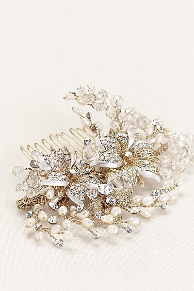 Cultured Pearl and Crystal Floral Comb Style 婚礼 发饰 头饰 珠宝