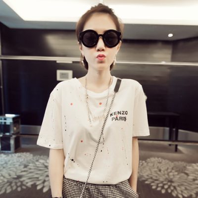韩国夏装女装宽松纯棉字母T油漆涂鸦圆领短袖t恤女上衣潮