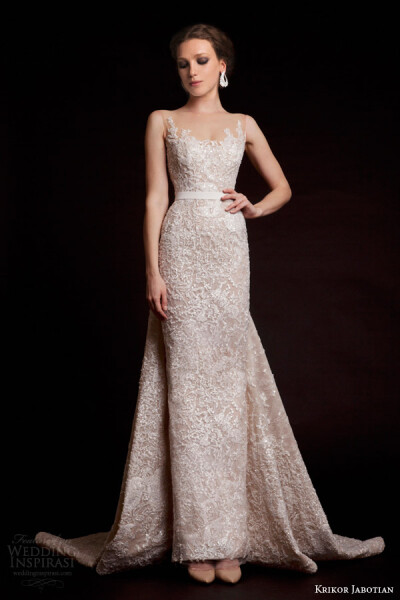 krikor jabotian bridal spring 2015 sleeveless column wedding dress illusion neckline front view 婚纱 礼服 裙子 时尚 摄影