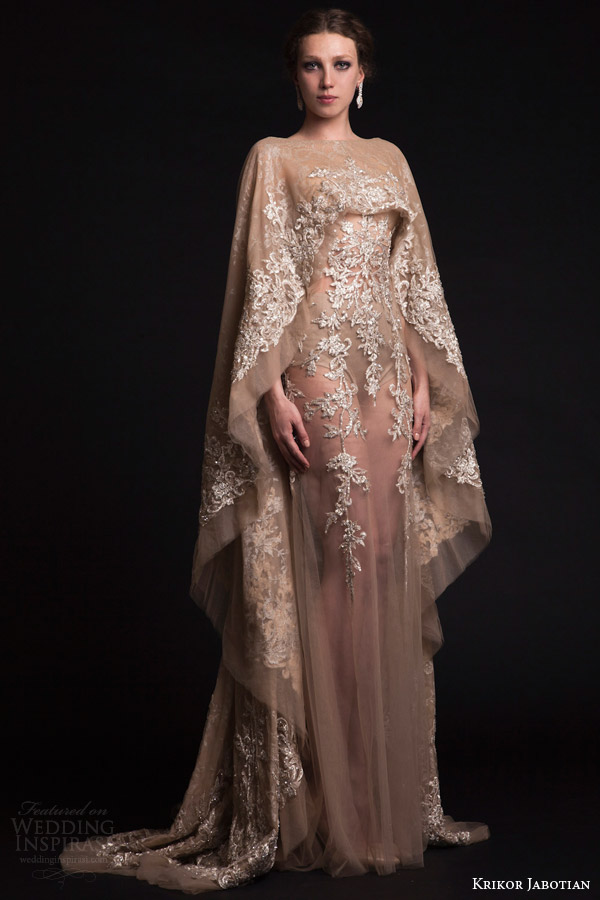 krikor jabotian bridal spring 2015 sheer nude tulle wedding dress cape sleeves train 婚纱 礼服 裙子 时尚 摄影