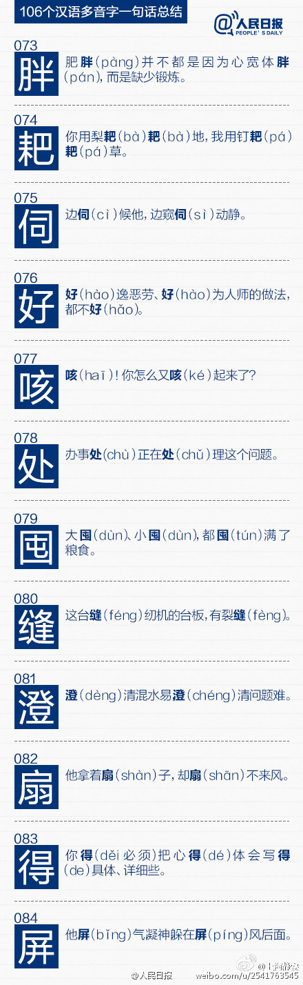 【106个多音字，一句话全总结】①单：单shàn老师说，单chán于会骑马，不会骑单dān车。②数：两岁能数shǔ数shù的小孩，已数shuò见不鲜了；③着：这着zhāo真绝，让他干着zháo急，又无法着zhuó手应付，心老悬着zhe……106个多音字，一句话就总结！转发收藏，别再念错了！via人民日报