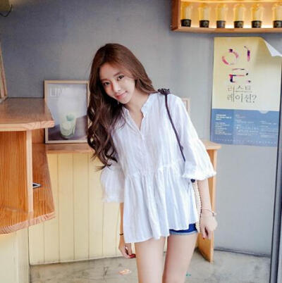 夏季新 韩国女装Cherrykoko 甜美可爱半开领裙摆衬衫