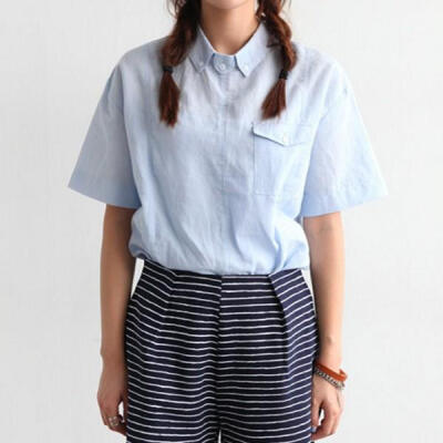 韩国ulzzang同款2015韩版纯色小清新小口袋短袖衬衫女士衬衣