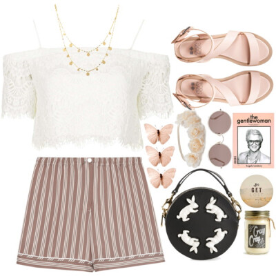 A fashion look from May 2015 featuring lace crop top, petite shorts and open toe flats. Browse and shop related looks.