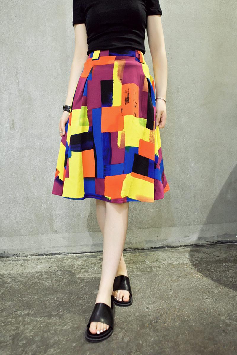 RQ2015夏季女装 复古优雅抽象彩色图案高腰A字半身裙中裙