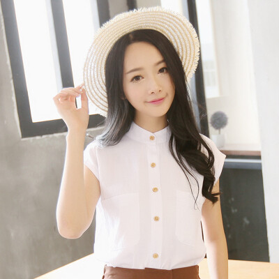 2015韩版修身短袖衬衫女棉麻上衣百搭显瘦女士职业装白衬衣女夏