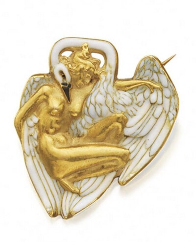 Lalique, 1900 signed gold and enamel brooch. 'Leda and the Swan'