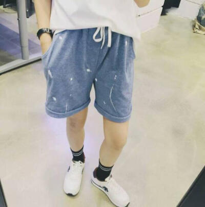 韩国订单 ulzzang港风漆点做旧边休闲系带松紧腰短裤热裤