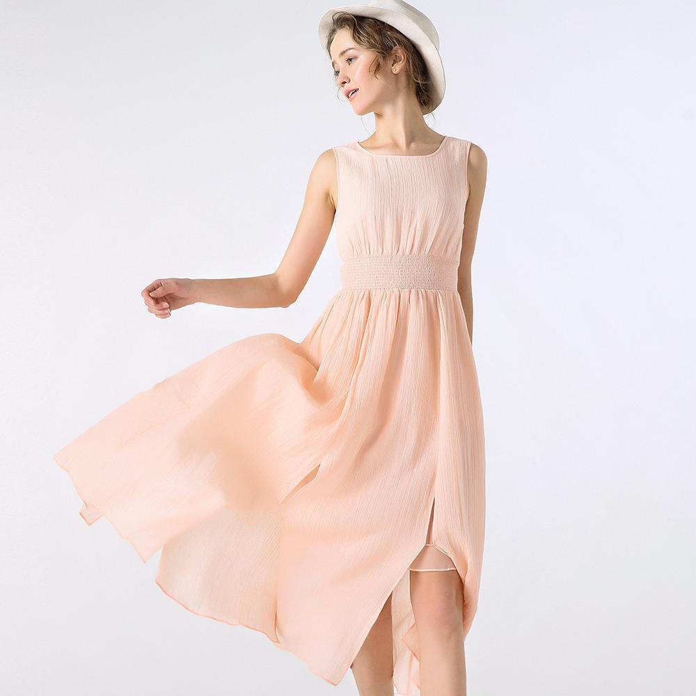 2015春夏唯美气质圆领百褶收腰无袖后开叉纯色连衣裙