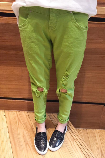 韩国进口2015夏季A35540百搭时尚破洞纯色休闲裤