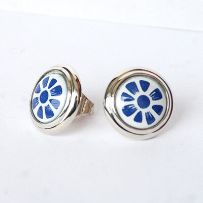 珐琅彩耳钉 青花耳钉, 珐琅彩耳环, kiln fired enamel earrings