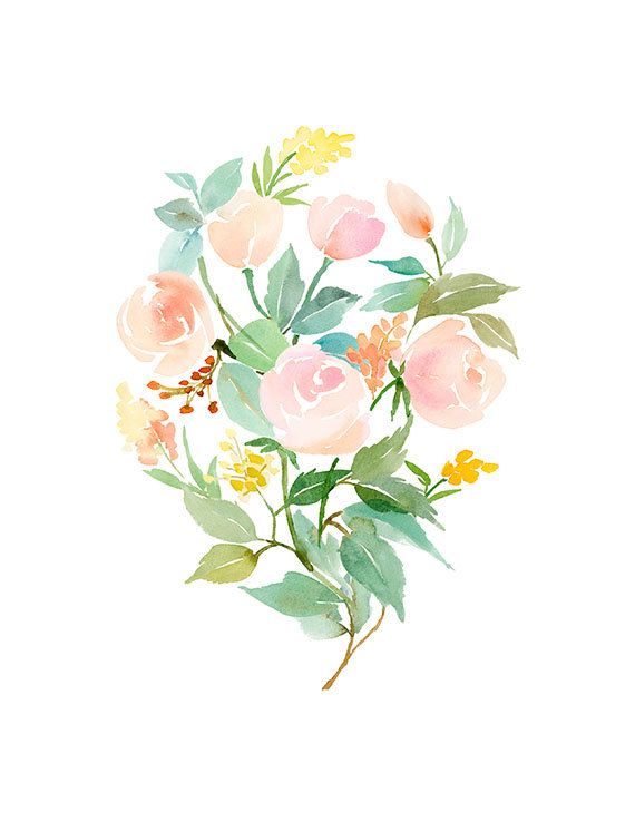 Handmade Watercolor Archival Art Print- Rose Bouquet in Peach, Mint and Copper