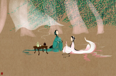 花送媚眼柳摆腰，神女偷看风月窟。郎抱春风琴轻奏，妹迎秋雨上九宵？-呼葱觅蒜__涂鸦王国插画