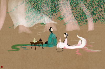 花送媚眼柳摆腰，神女偷看风月窟。郎抱春风琴轻奏，妹迎秋雨上九宵？-呼葱觅蒜__涂鸦王国插画