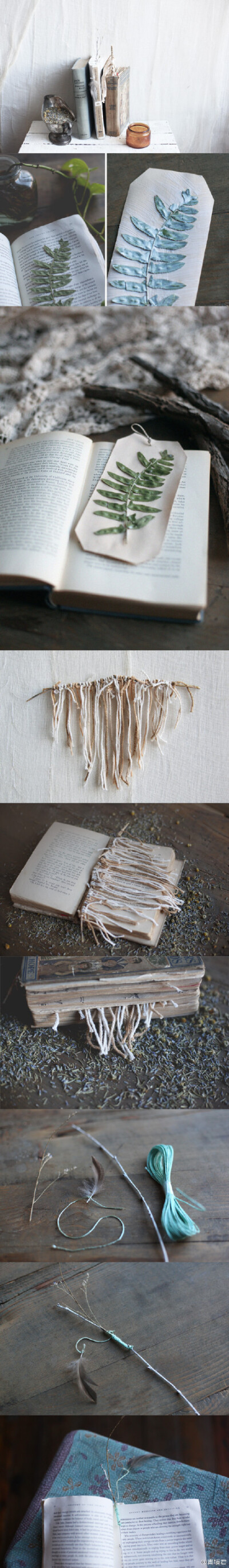 #Simple DIY Bookmarks#三种简易书签，简易到就是随手发挥的潇洒~喜欢那根树杈！要我讲，国外创意idea好在哪里呢，很多材料甚至技法也一般般啦，但人家凑是放得开！所以玩得也开，不知不觉就玩出不少新花样呢（哪里…