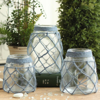 碧轩 美式透明玻璃花瓶 创意麻绳花器 客厅桌面摆件 时尚简约