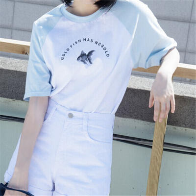 韩国ulzzang学院风拼色小鱼fish插肩袖印花短袖T恤