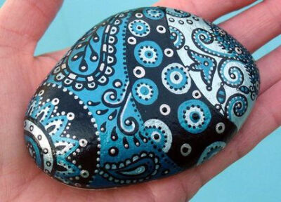 LisaEverettDesigns - Hand Painted Metallic Turquoise Abstract Original Art River Rock Stone