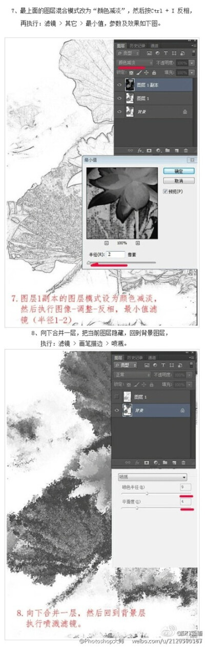 【利用Photoshop滤镜制作逼真的水墨荷花效果】制作思路很简单，首先将图片转为黑白，用滤镜添加水墨纹理，但在处理的时候还需要注意很多细节，如图片的背景，水墨纹理控制范围等，这些都需要自己慢慢摸索。