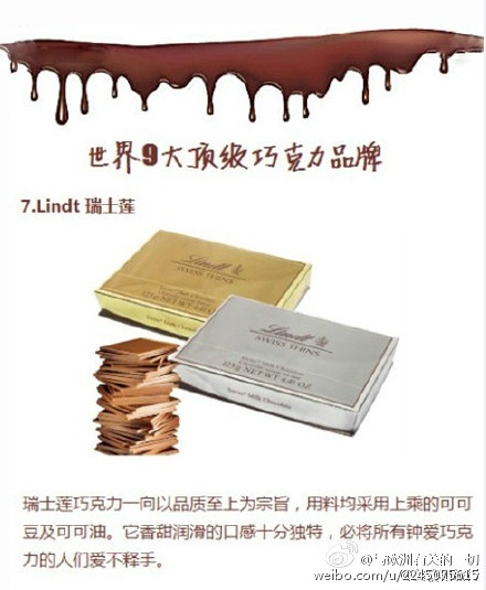 【世界九大顶级巧克力，你尝过哪几种？】1、Toblerone 瑞士三角巧克力；2、BARRY CALLEBAUT 百乐 &amp;amp; 嘉利宝；3、Duc D'o 迪克多；4、Guylian 吉利莲；5、Caffarel 口福莱；6、Godiva 高迪瓦；7、Lindt 瑞士莲；8、La Maison du Chocolate；9、Bacio Perugina 吻。