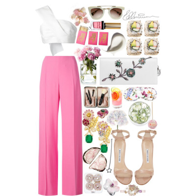 A fashion look from June 2015 featuring white tops, wide-leg pants and heeled sandals. Browse and shop related looks.