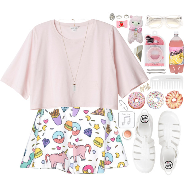 A fashion look from June 2015 featuring loose tops, white skater skirt and white jelly sandals. Browse and shop related looks.