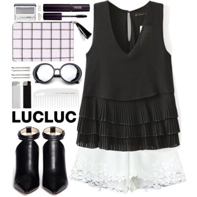 Top, shorts and glasses from www.lucluc.com : Top : http://www.lucluc.com/lucluc-black-v-neck-pleated-layered-chiffon-t-shirt.html Shorts : http://www.lucluc.com/bottoms/shorts/lucluc-white-lace-short…