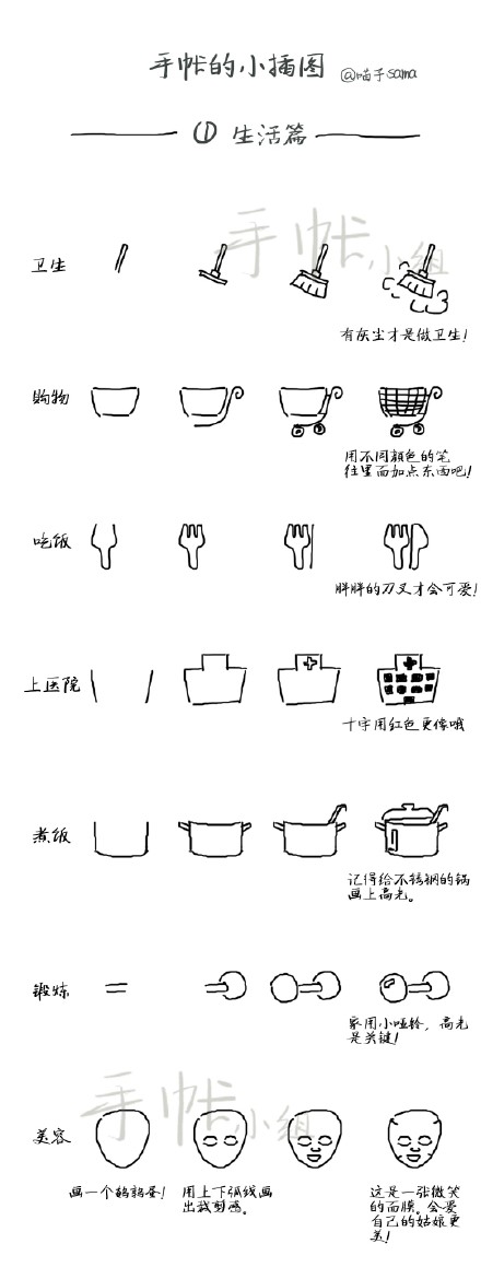 #手帐术# #手帐里的小插画# 还在苦恼自己的手帐太单簿吗？天底下没有手残只有不愿意动笔的人！几组超简单的小图标，可以用在月计事、周记事、一日一页，哪里需要点哪里！先送上生活、旅行、学习篇~后面还有哦！