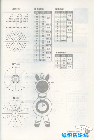斑马玩偶的钩法、棉花羊玩偶的钩法，此外还有：海狮玩偶、兔子玩偶、长颈鹿玩偶的钩法