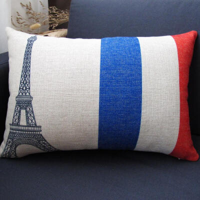宜家 埃菲尔铁塔法国国旗 创意棉麻腰枕靠枕抱枕汽车沙发靠垫