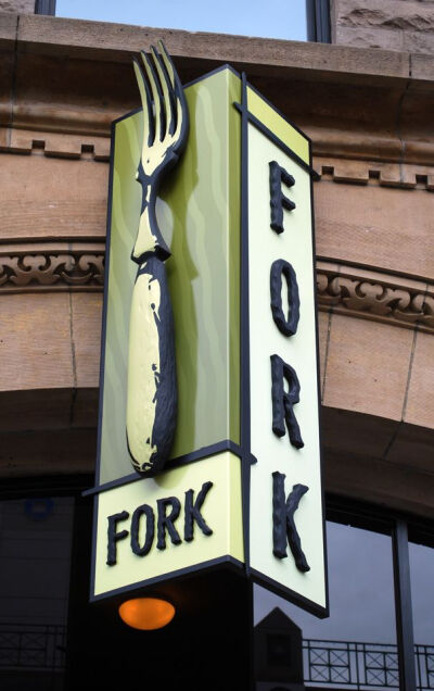 Asymmetrical dimensional sign for Fork in downtown Boise. Trademark Sign Company