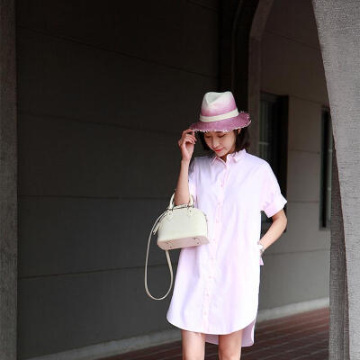 YAC2015SSACNE风粉色小斜纹宽松短袖衬衫连衣裙 含腰带