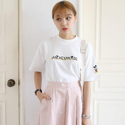 韩国订单 ulzzang玩味袖子米奇字母绣花短装宽松休闲短袖T恤