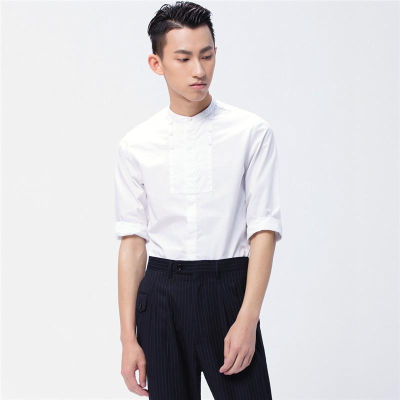 dandyinne男装 男款修身衬衫包布纽扣青年时尚七分袖立领衬衣002