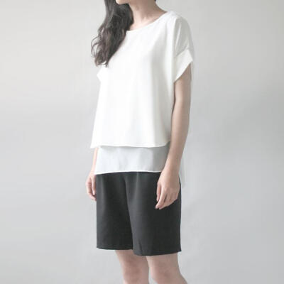 「黑」述说简单 2015夏季白色短袖雪纺衫 简约假两件雪纺衫