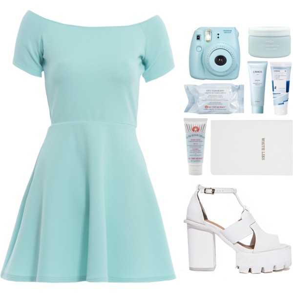 A fashion look from June 2015 featuring blue dress, white sandals and body moisturizer. Browse and shop related looks.