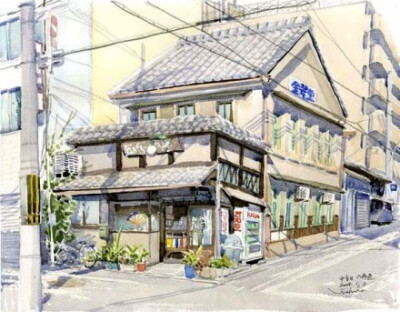 来自插画师Toshiko的日本街道的风光插画，画的都是些日系风格的房屋，很暖的画风，好看的水彩画，感谢喜欢。