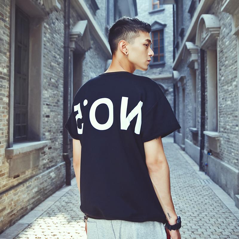 2015夏季潮人字母印花弯弯纯色上衣服修身韩版男士装短袖T恤