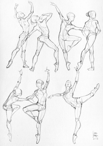 #人体动态# #绘画参考# 有多久没练习人体结构/动态了？ （漫画家Laura Braga 的人体姿态练习，多数是柔韧感强烈的舞姿 source：http://t.cn/RP86QIx  ）