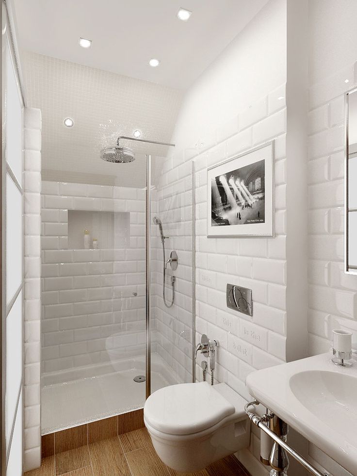 small bathroom, big space (white[brick], timber flooring, chrome finishes