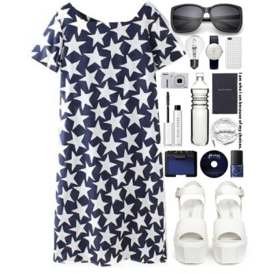 Dress - http://www.lucluc.com/lucluc-blue-star-printed-midi-dress.html Sunglasses - http://www.lucluc.com/accessories/sunglasses/lucluc-grey-mini-fashion-female-sunglasses.html #lucluc #fashion #outfi…