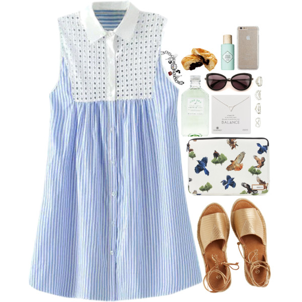 A fashion look from June 2015 featuring blue dress, ankle tie espadrille and dogeared necklace. Browse and shop related looks.