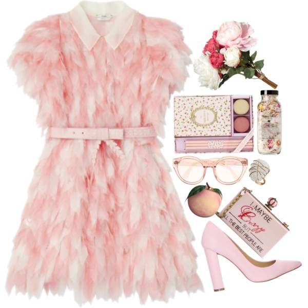 A fashion look from June 2015 featuring pink pumps, pink handbags and clear plastic rings. Browse and shop related looks.