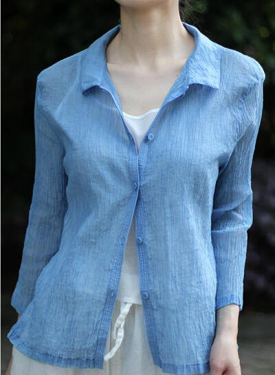 壹旧原创统纯天然植物染色手工蓝染皱棉小短款修身7分袖超薄衬衫