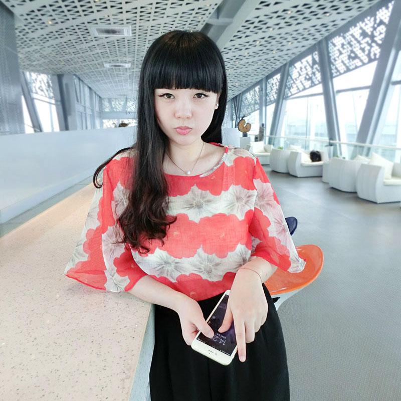 小妍家2015夏女 韩版喇叭短袖欧根纱混雪纺衫 宽松条纹印花上衣