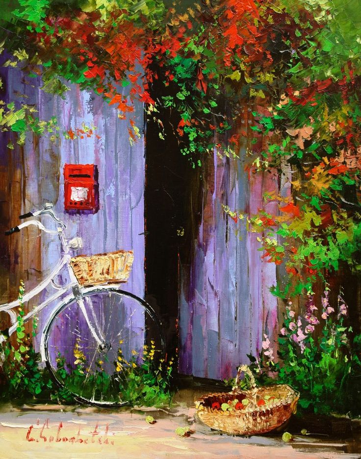 来自插画师Gleb Goloubetski的单车唯美风光油画作品，艳丽的色彩世界总是充满无尽的想象与美好。房前有辆小单车，快~骑走。