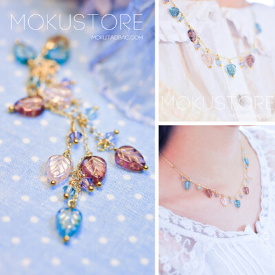 定制 MokuStore●手工●森系彩色琉璃叶子+水晶 锁骨链|项链[叶の童话]