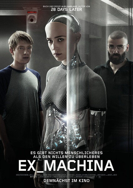 ex_machina 机械姬 伊萨克饰演一名神秘的亿万富翁，格里森饰演他公司的一名程序员，后者由于赢得公司一项幸运大奖而被邀请到老板的别墅共度周末。这栋别墅隐匿于林间，它其实是一座高科技的研究所。在那里，格里森被介绍给名为“伊娃”的人工智能机器人，原来他被邀请到这里的真正目的是进行针对伊娃的“图灵测试”。。。饰演机器人的艾丽西卡·维坎德还真是抢了两个男主角的风头，最终的结局本来以为会是个美好大结局，没想到居然是伊娃像逃狱成功一样，撇下了所有的人。算是AI战胜了人类吗，如果现实是这样，很可怕不是吗