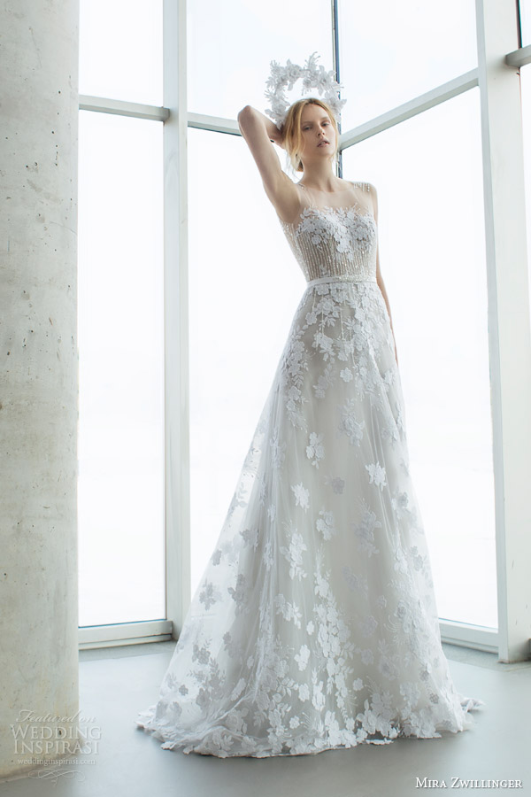 mira zwilinger bridal 2016 stardust alpha sleeveless light grey organza wedding dress guipure lace sequis illusion neckline 壁纸 婚纱 礼服 裙子 时尚 摄影